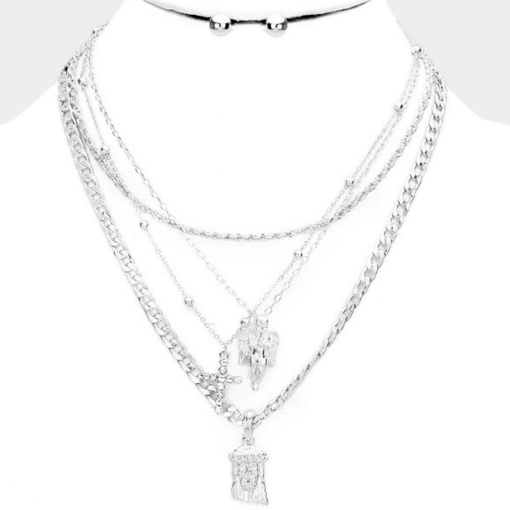 Silver Four MultiLayered Jesus Pendant Chain Set Religious Angel Cross Charms